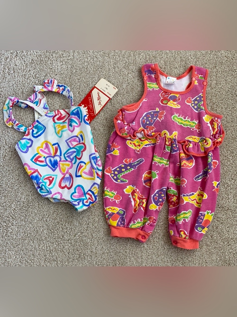 Vintage Made in USA baby girls bundle - hearts swimsuit & bugs animals romper